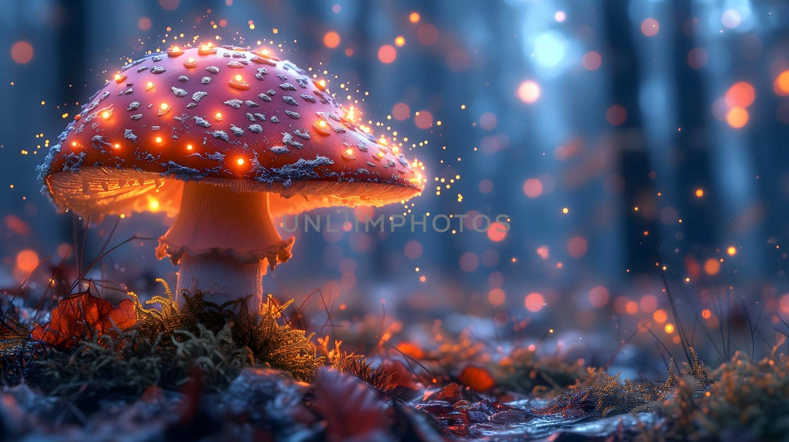 Magical mushroom in fantasy enchanted fairy tale forest. Neural network generated in January 2024. Not based on any actual scene or pattern.