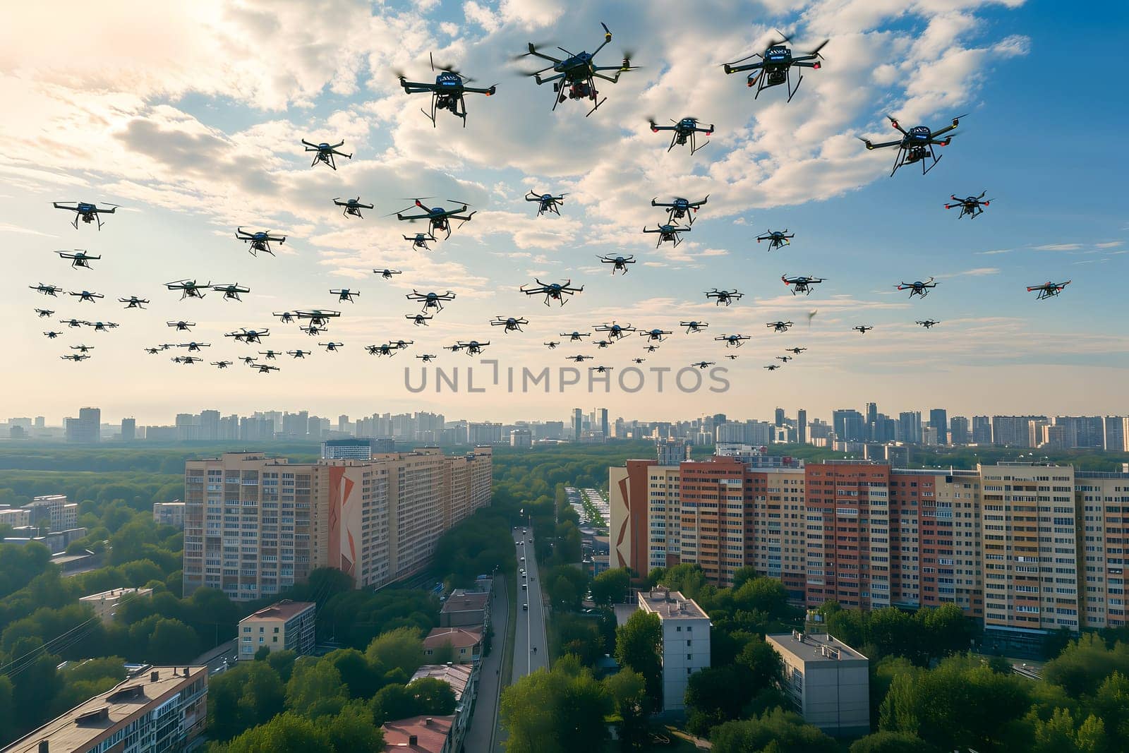 swarm of drones over city at summer morning. Neural network generated image. Not based on any actual scene or pattern.