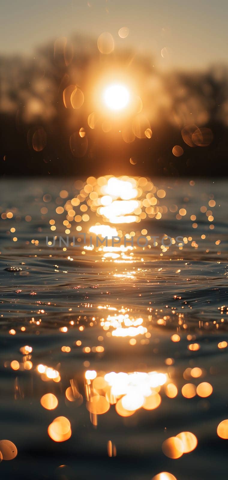 Sunset bokeh on water: golden sky over a body of water, with the light reflecting and creating a bokeh effect.. Neural network generated image. Not based on any actual scene or pattern.