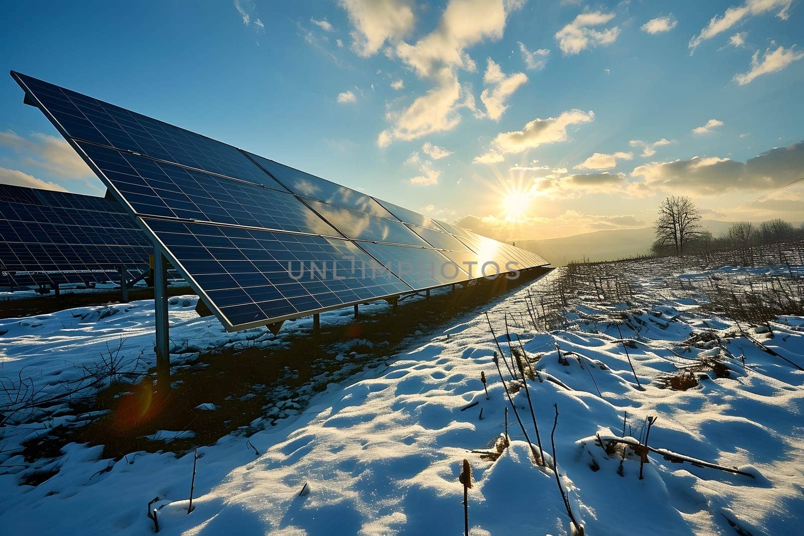 Photovoltaic solar panels in the field at winter sunset or sunrise. Neural network generated in January 2024. Not based on any actual scene or pattern.