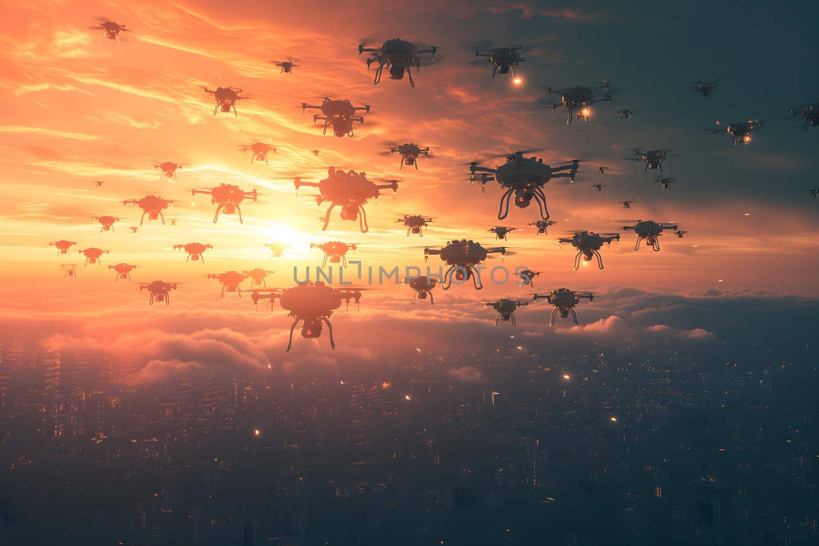 Swarm of drones over city at summer morning. Neural network generated image. Not based on any actual scene or pattern.