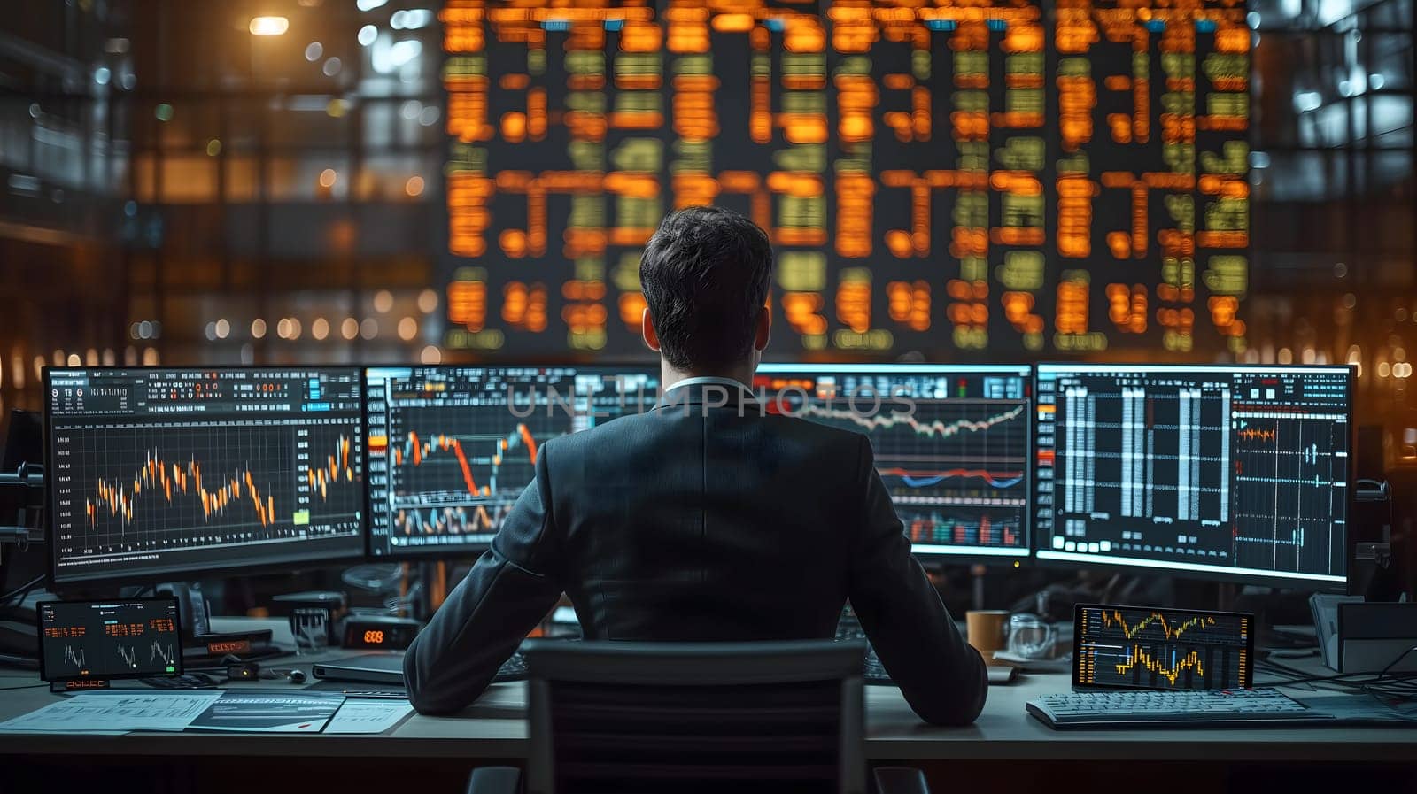 Back view of a financial analyst day trader working on computer with many screens that shows real-time stock data. Neural network generated image. Not based on any actual scene or pattern.