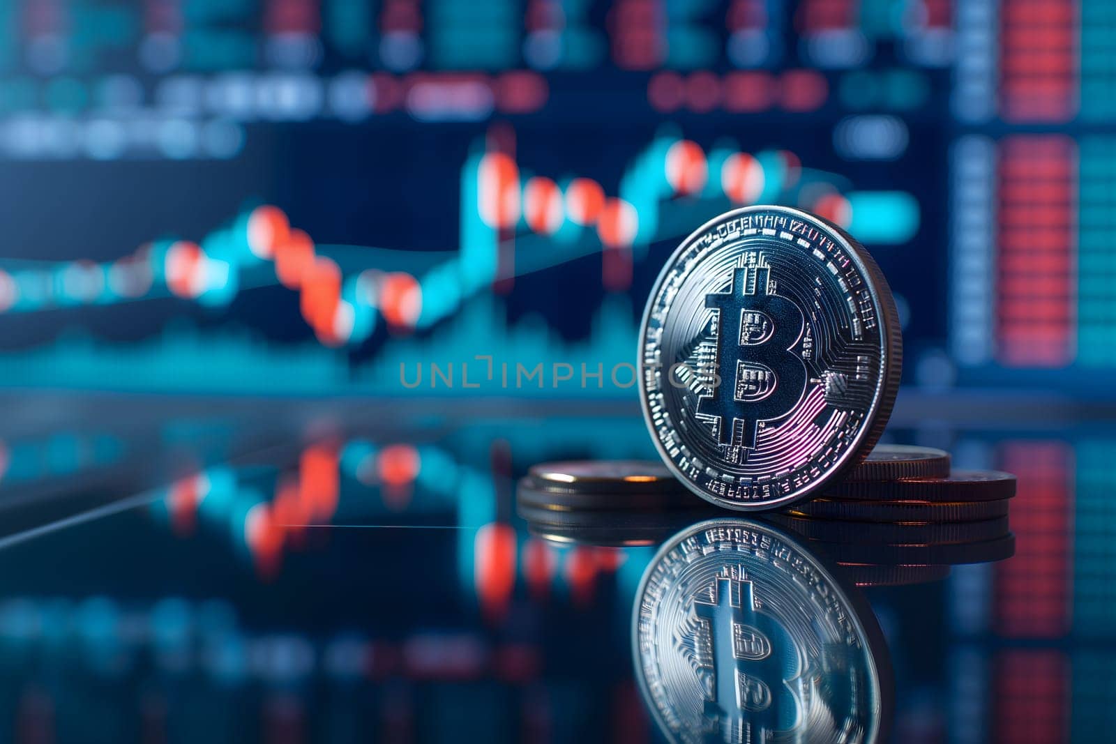 Bitcoin shiner in front of blurry trading charts screen. Dark appearance. Neural network generated image. Not based on any actual scene or pattern.