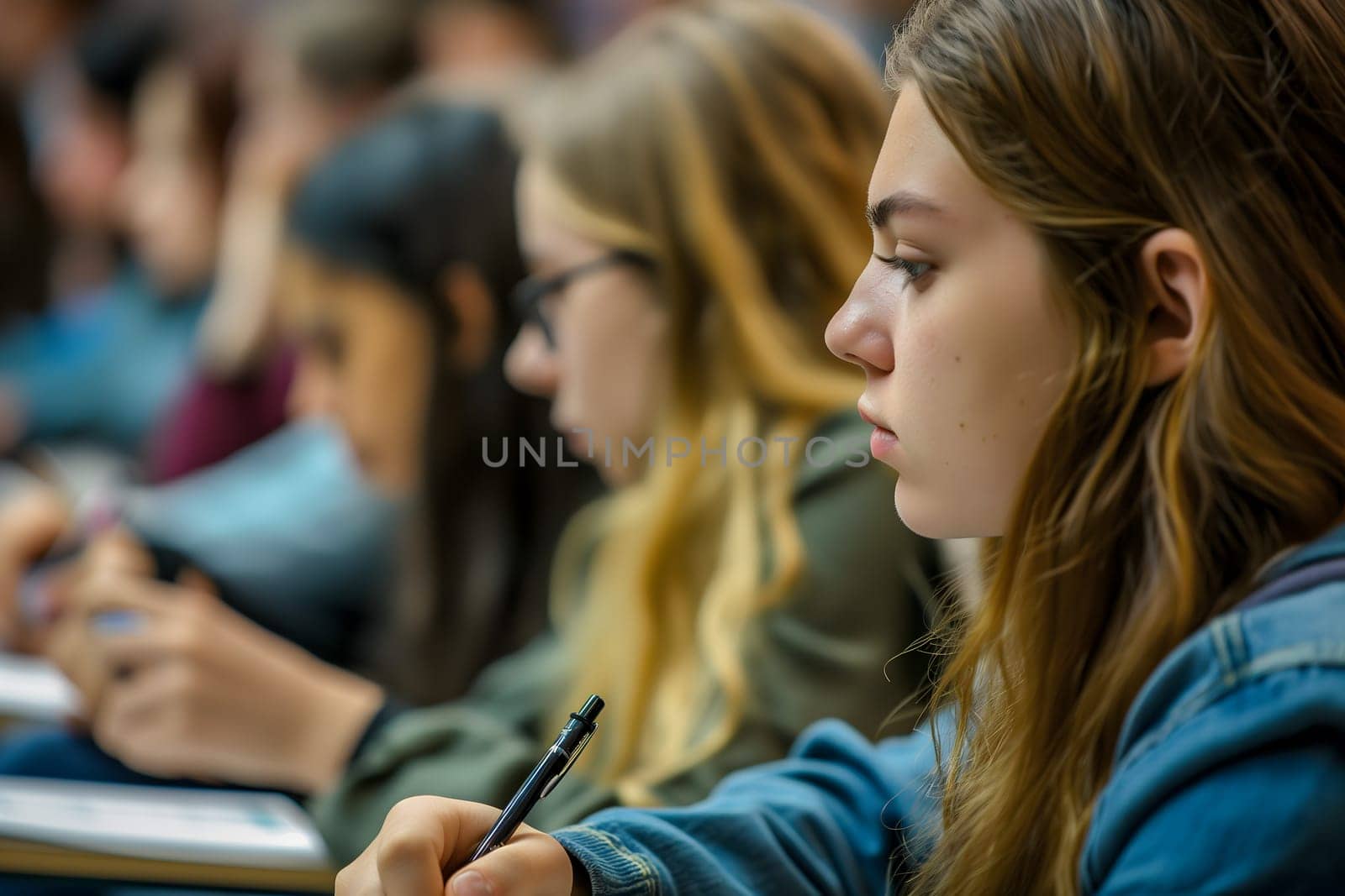 Close up, concept of students studying in a classroom lecture. Neural network generated image. Not based on any actual scene or pattern.