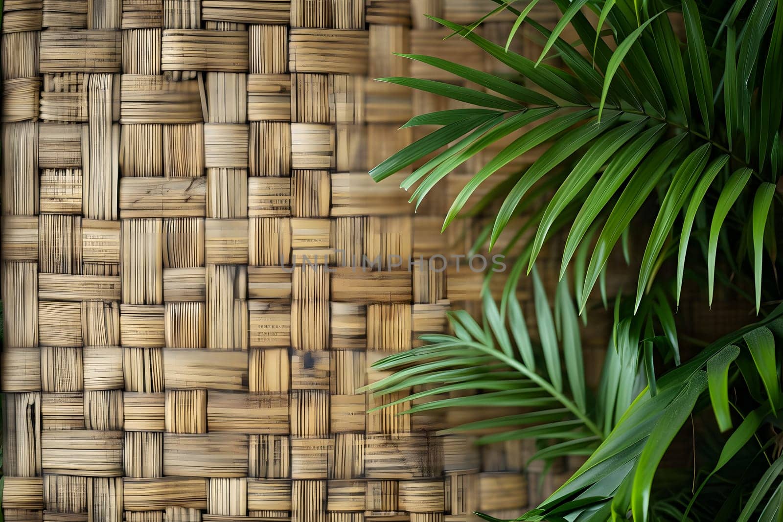 wicker bamboo wall background with green leaves. Neural network generated image. Not based on any actual scene or pattern.