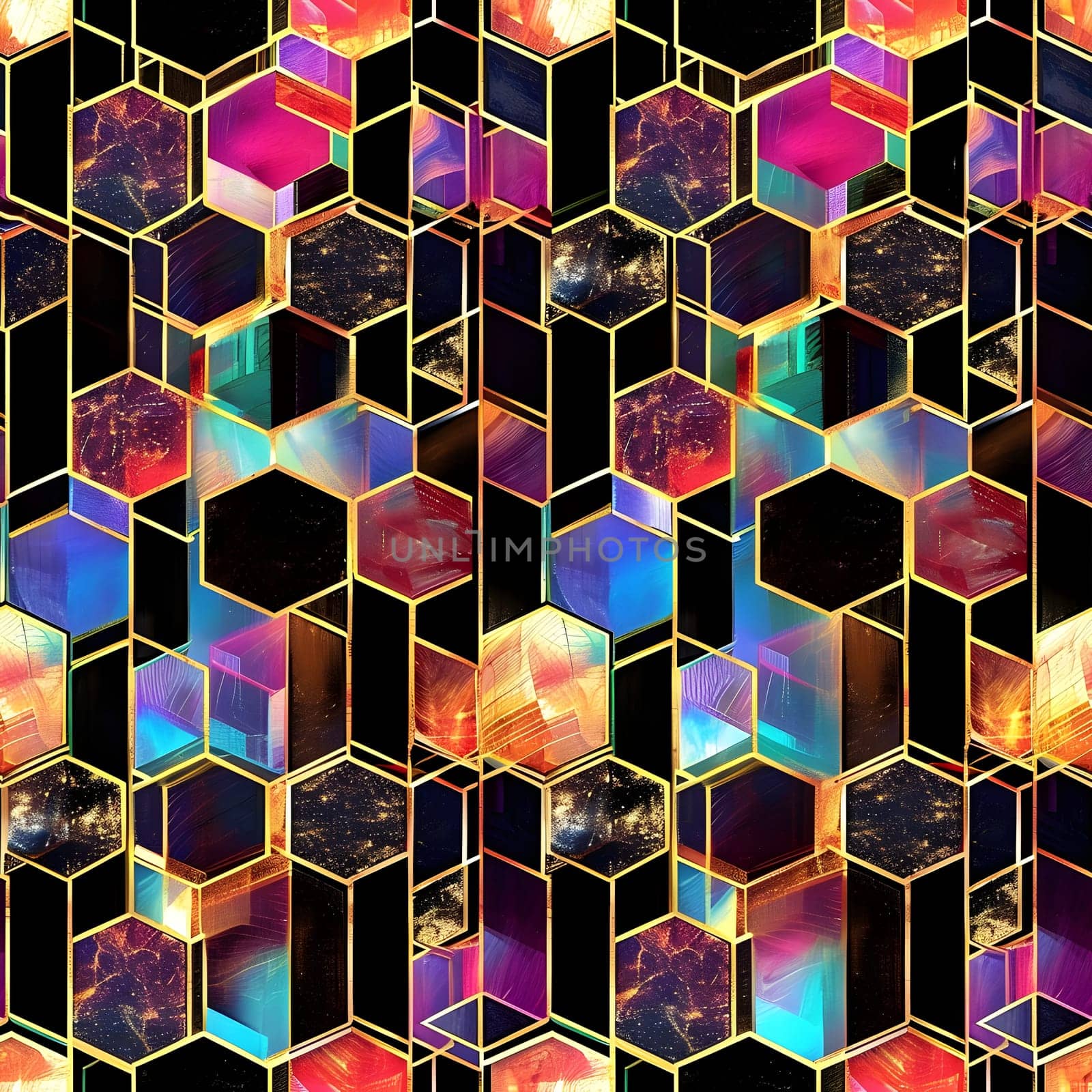 Seamless texture and full-frame background of colorful glass mosaic honeycomb hexagonal tiles. Neural network generated image. Not based on any actual scene or pattern.