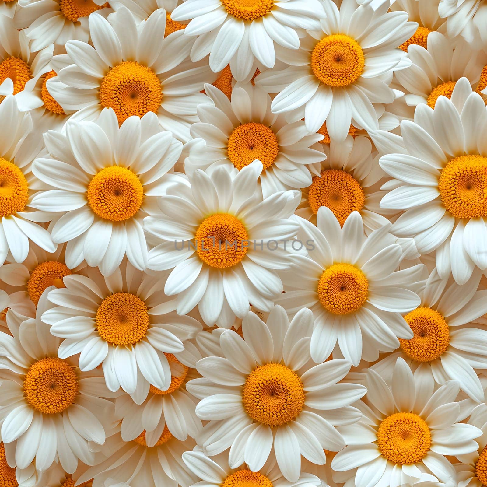 A Lot Of White Yellow Daisies or chamomile flowers - for full-frame background and seamless texture. Neural network generated image. Not based on any actual scene or pattern.