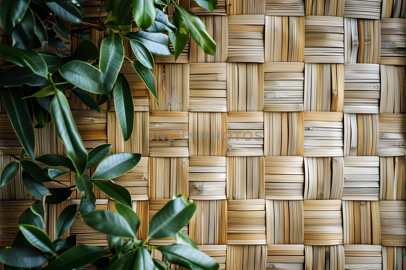 wicker bamboo wall background with green leaves. Neural network generated image. Not based on any actual scene or pattern.