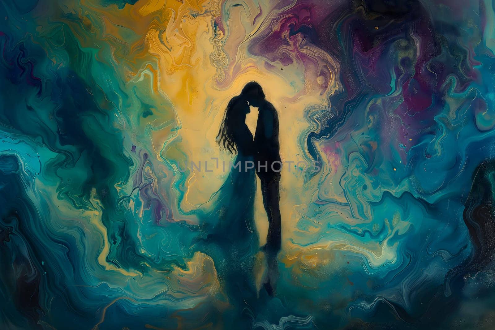 Man and woman embracing in surreal, colorful liquid fantasy dreamscape. Neural network generated image. Not based on any actual person or scene.