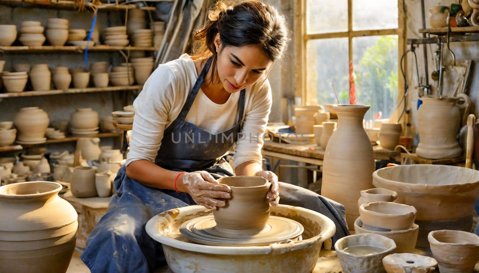 A focused young adult woman, approximately in her 30s, engages in pottery on a spinning wheel surrounded by various clay pots in a well-lit, indoor studio