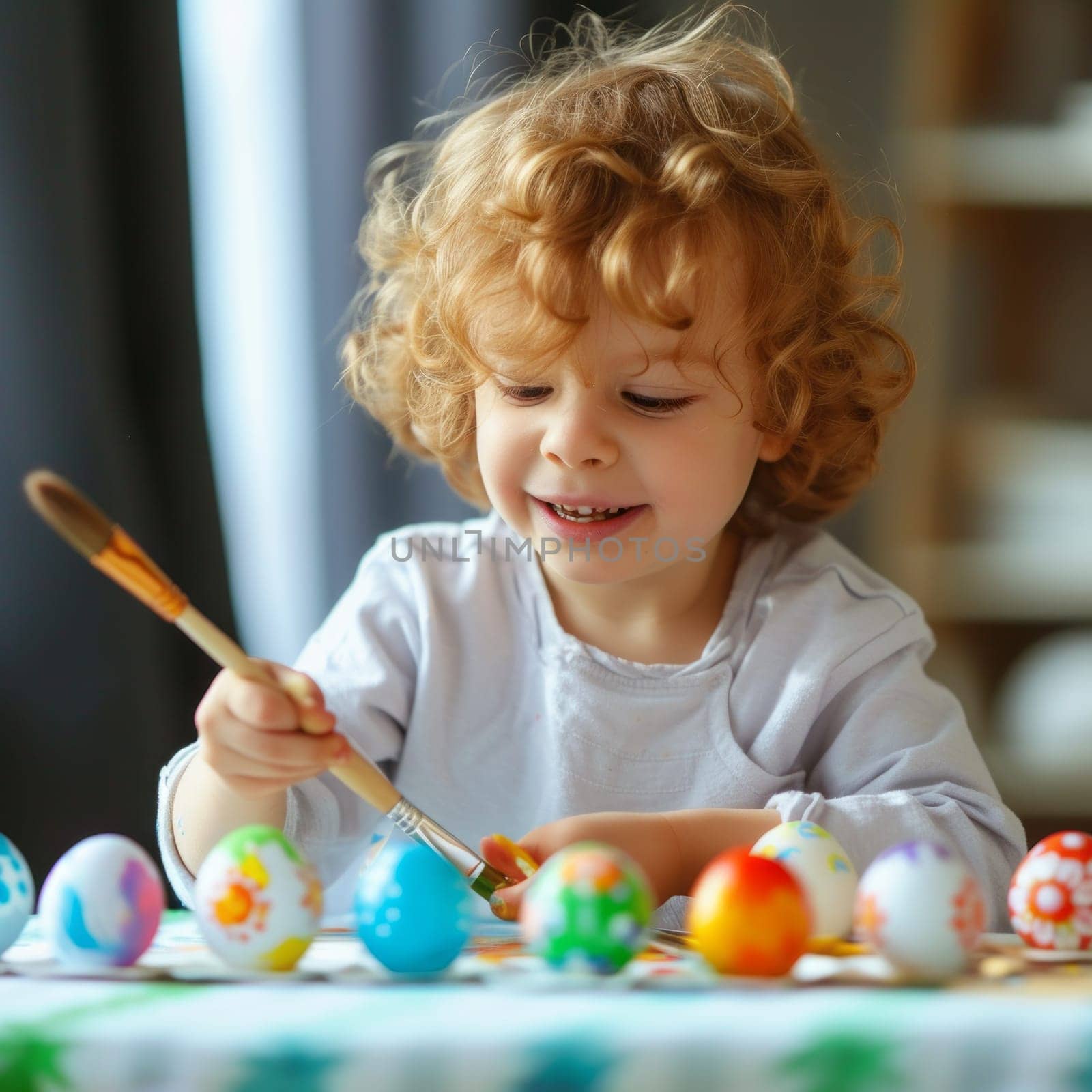 Cute child paints beautiful Easter eggs with a brush. Holiday traditions