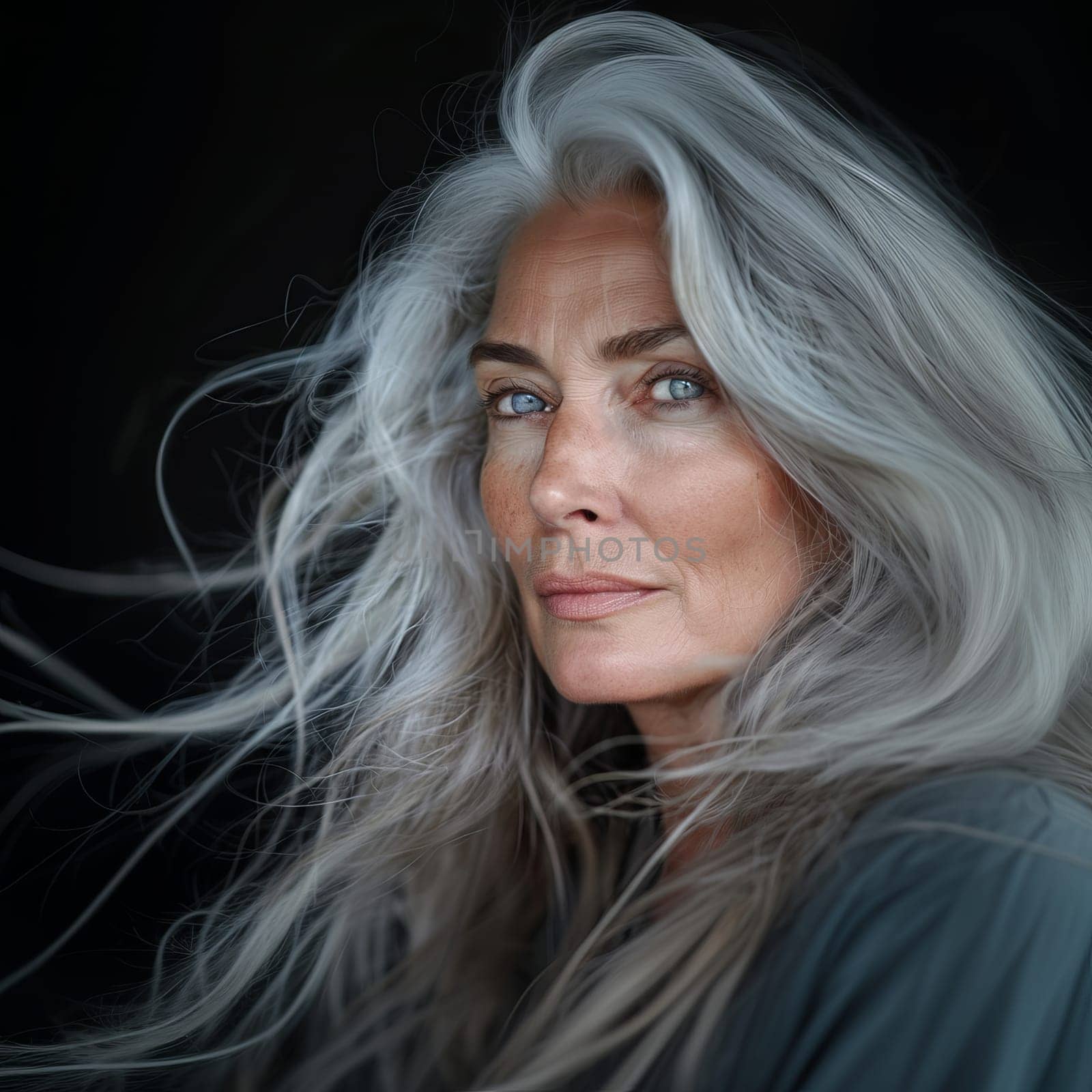 Close-up of a woman with long wavy gray hair - natural and natural old age. The image conveys mystery and elegance