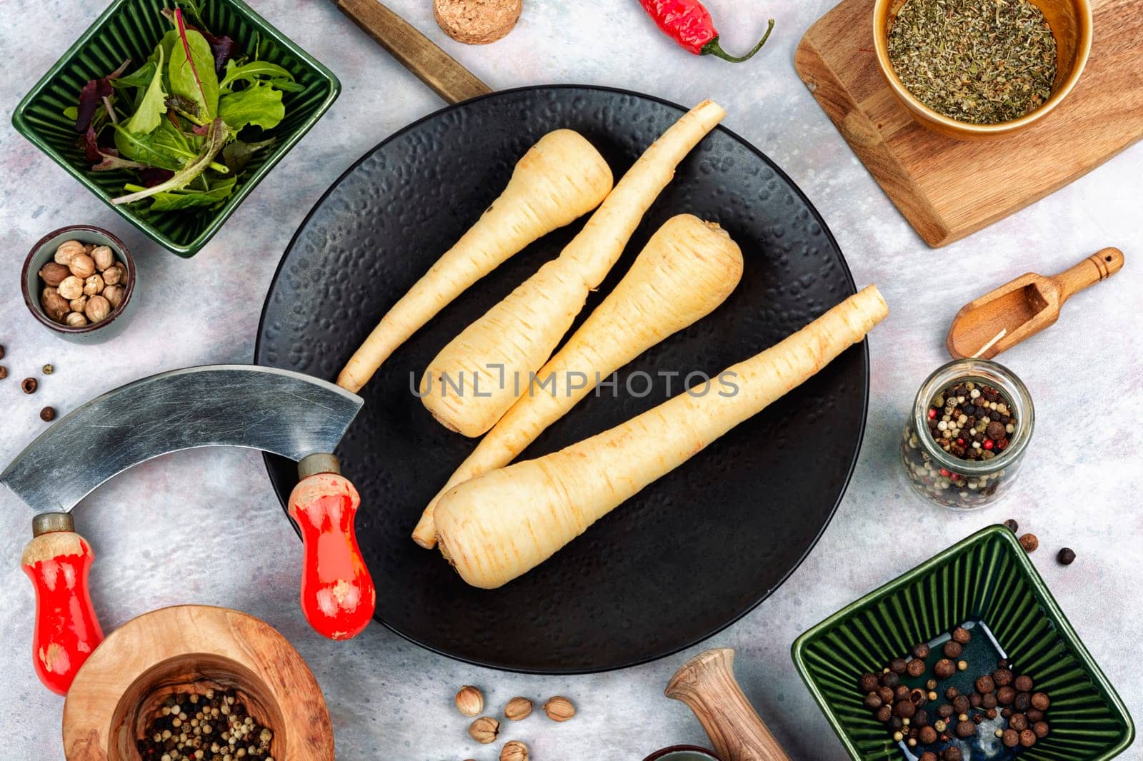 Raw and uncooked parsnips roots. Concept of healthy eating.