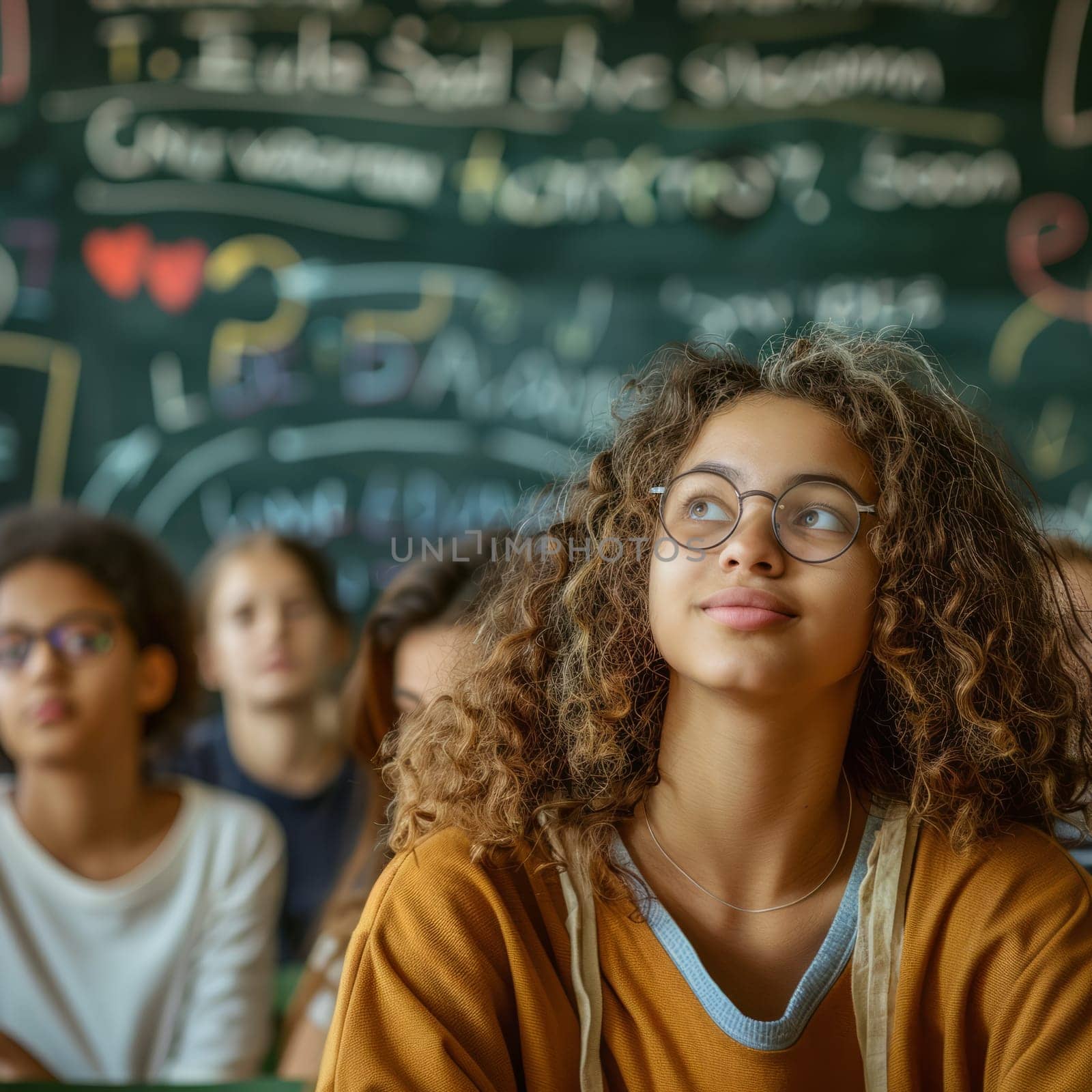 The student looks thoughtfully to the side in the background there is a green board with equations and many students at their desks, their faces are wrinkled