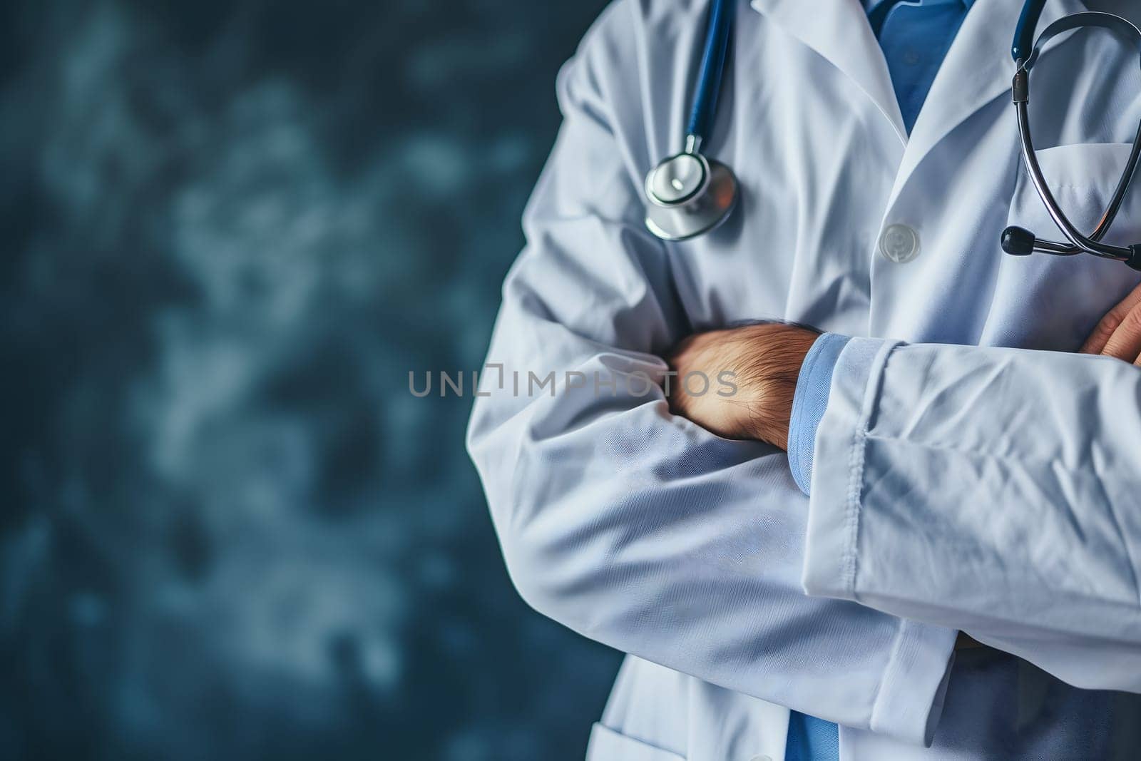 Abstract Medical Doctor, Symbolizing Compassion and Expertise asymmetrical composition with copy space. Neural network generated image. Not based on any actual scene or pattern.