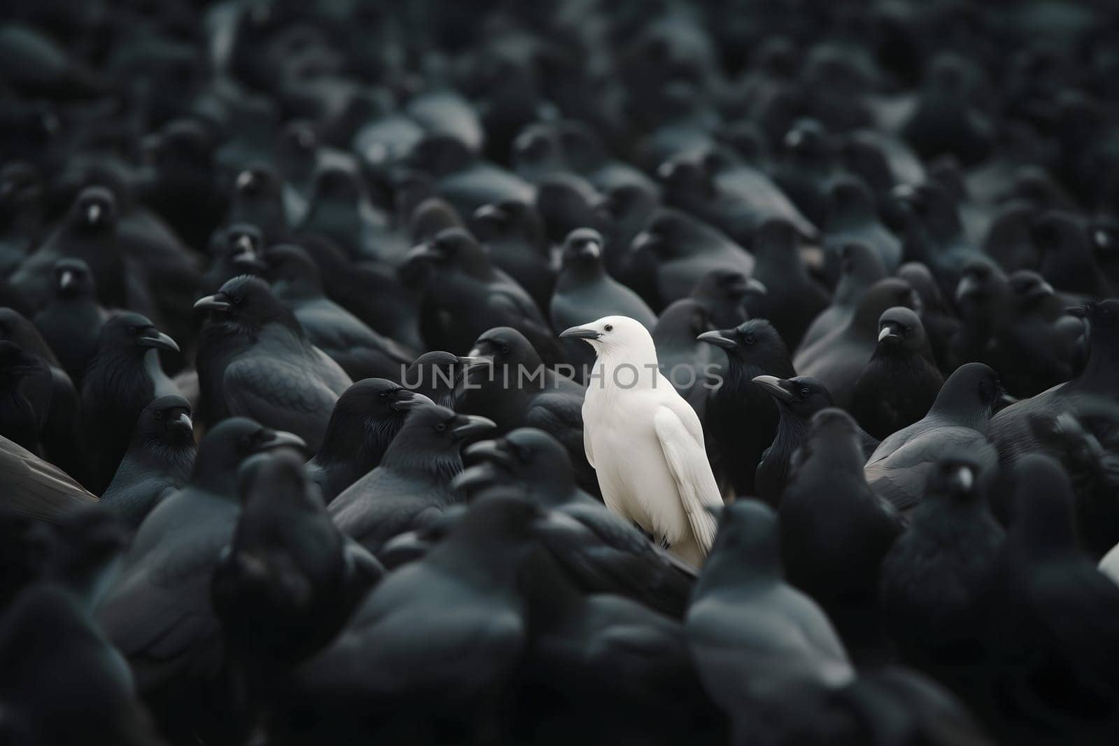 A white crow among many black crows. Neural network generated image. Not based on any actual scene or pattern.