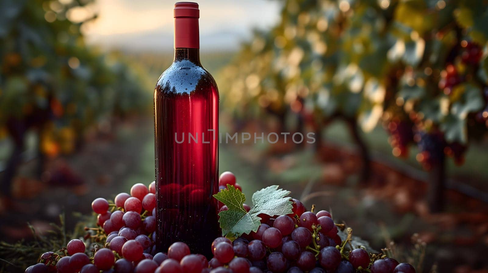 A red wine bottle in front of a landscape of grape farmland. Neural network generated image. Not based on any actual scene or pattern.