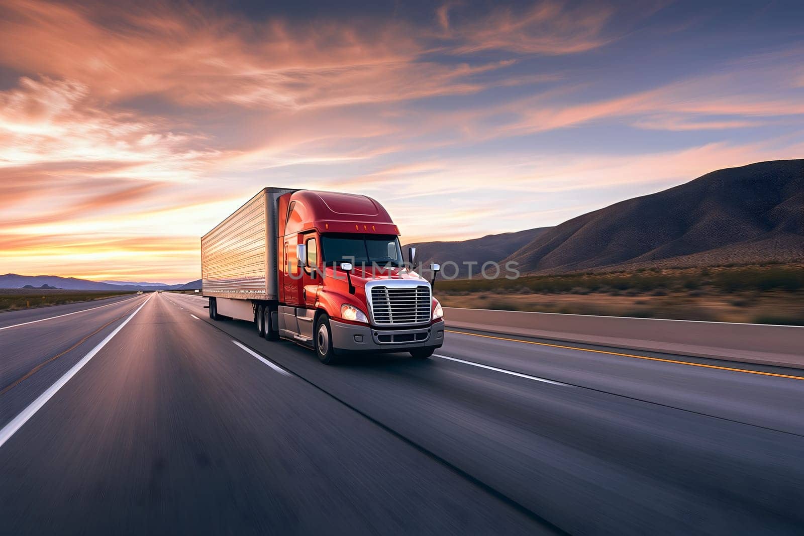 American long-nose semitruck on a highway. Neural network generated image. Not based on any actual scene or pattern.