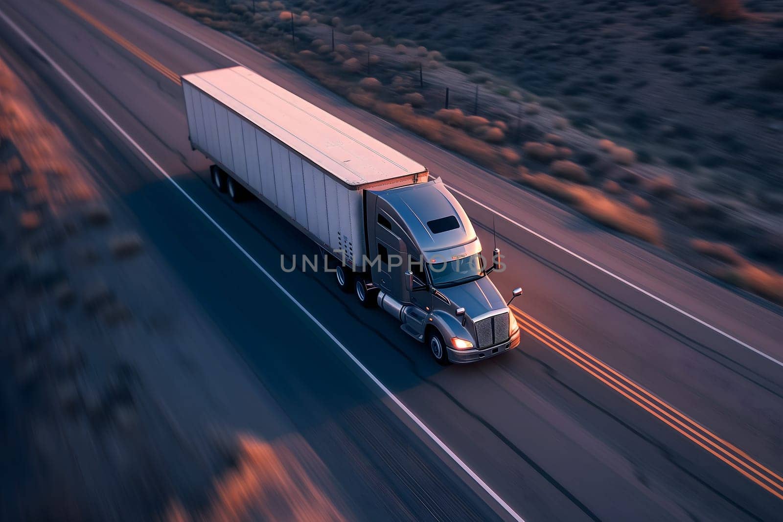 American long-nose semitruck on a highway. Neural network generated image. Not based on any actual scene or pattern.