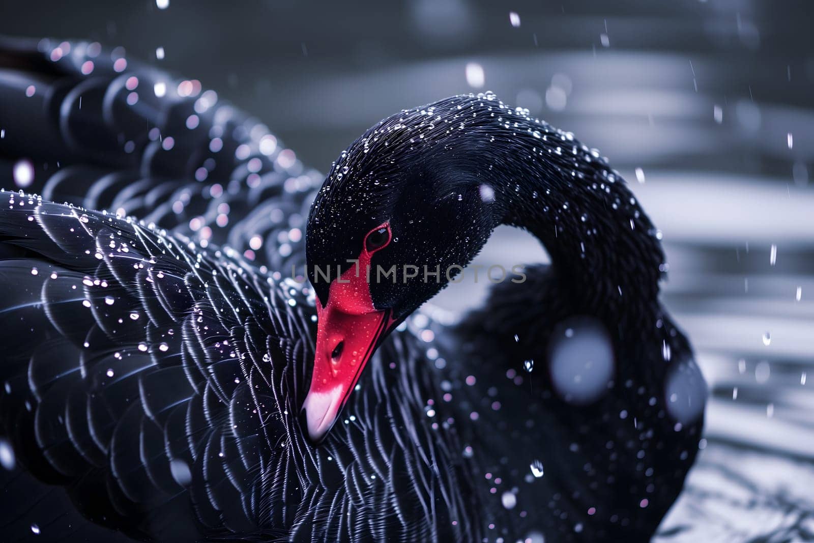 Black swan on water surface, close up. Neural network generated image. Not based on any actual scene or pattern.