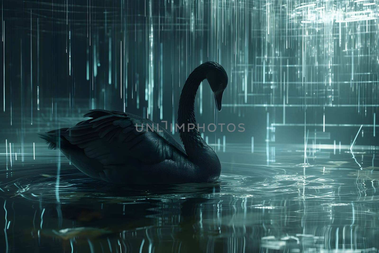 Black swan on water surface, close up. Neural network generated image. Not based on any actual scene or pattern.