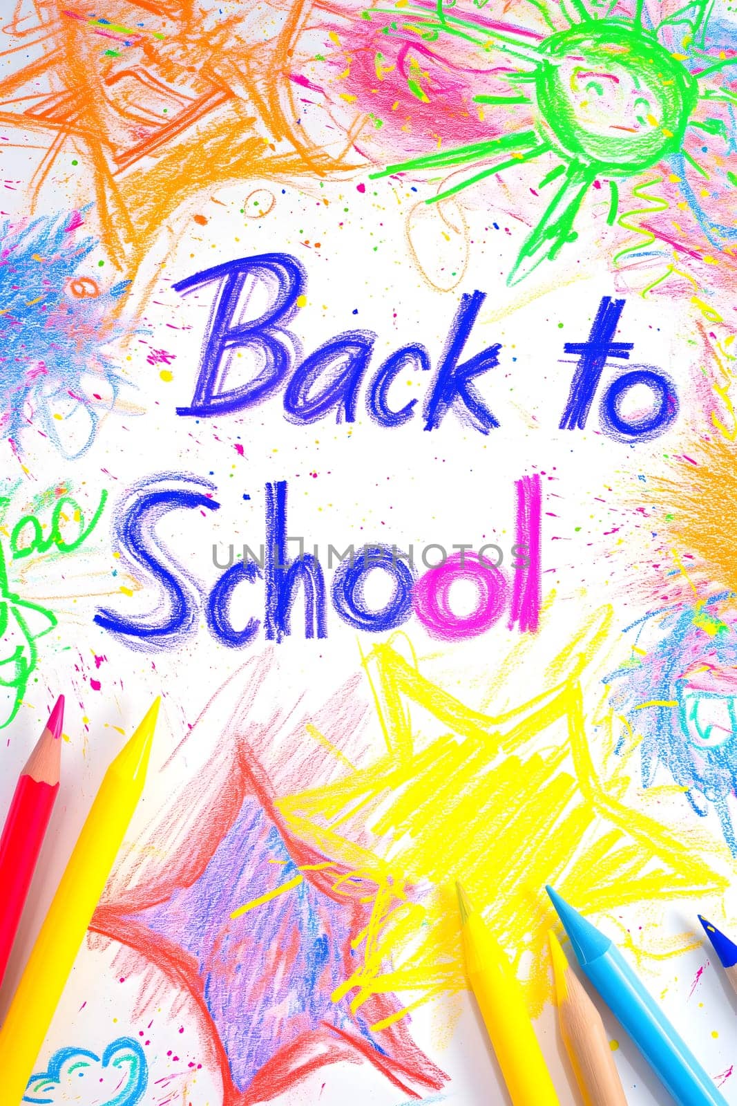 Naive children's drawing with colored chalk on white paper, made by hand by a child, text Back to School. Neural network generated image. Not based on any actual scene or pattern.