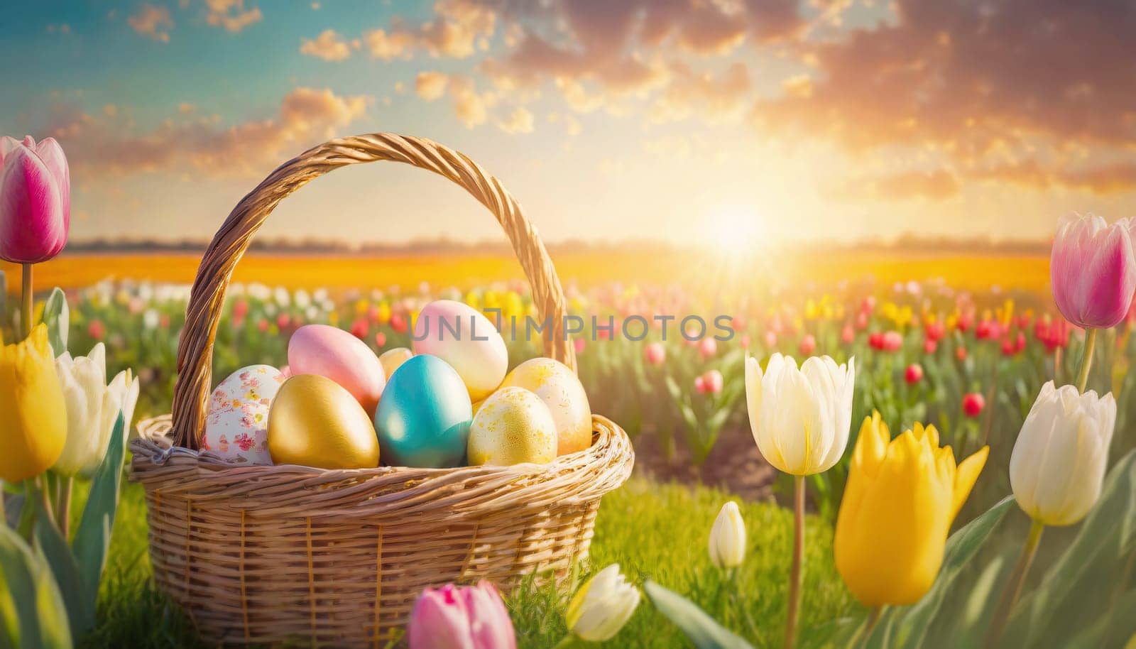 A basket with colorful Easter eggs on a spring field with blooming tulips at sunrise