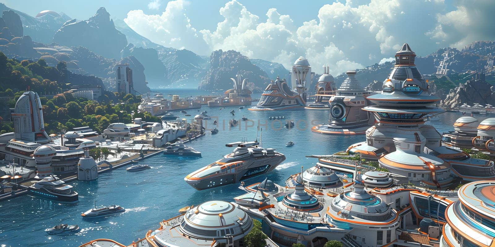 Imaginary illustration of a harbor full of futuristic ships, turquoise waters. In the background there were mountains and green trees in the distance. The sky is clear. There are some white clouds.