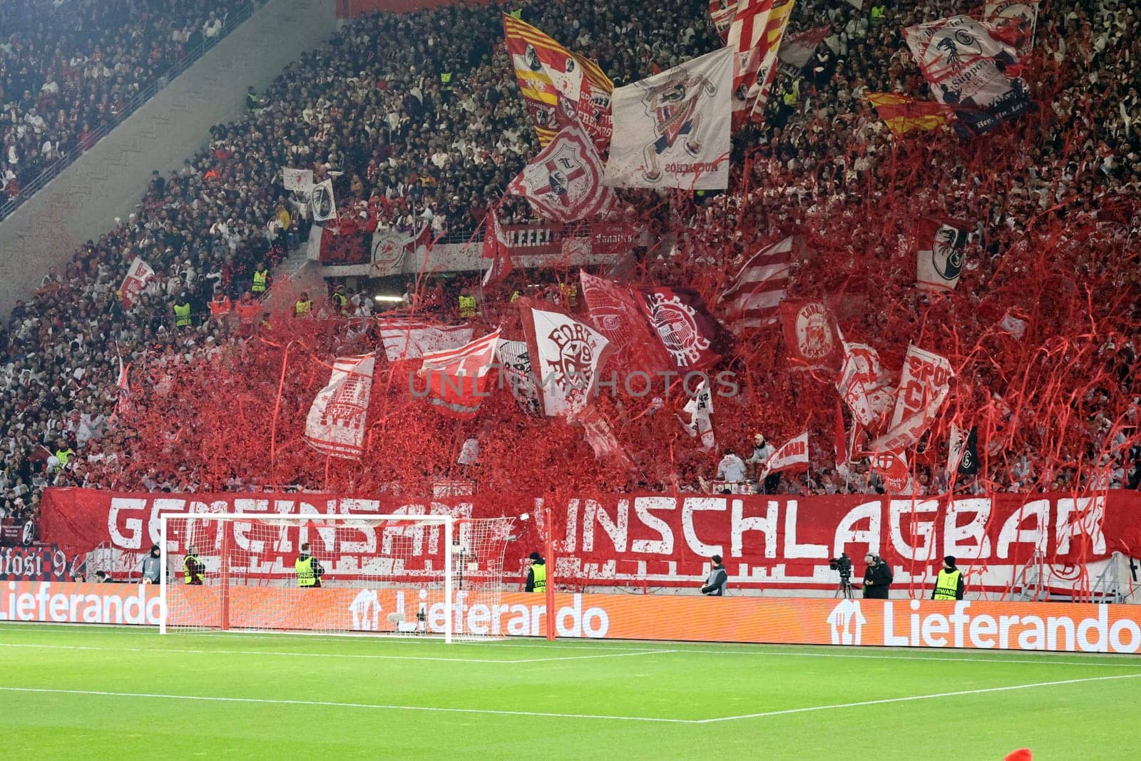 Even before kick-off,the Freiburg fans presented themselves in top form and choreography at the match of the Football Europa League - Round of 16: SC Freiburg vs West Ham United