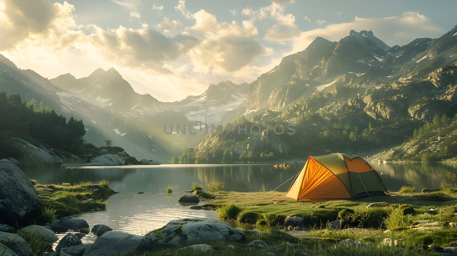 Beautiful campsite. Warm sunlight shine through the mountains onto green field. The lake and tranquil valley are visible in the background. We will experience an adventure amidst the beauty of nature.