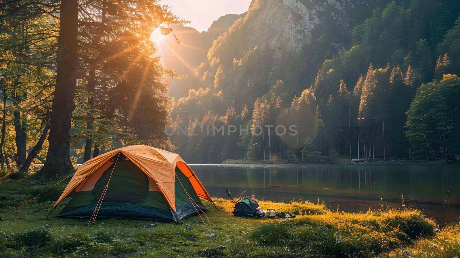 Beautiful campsite. Warm sunlight shine through the mountains onto green field. The lake and tranquil valley are visible in the background. We will experience an adventure amidst the beauty of nature.