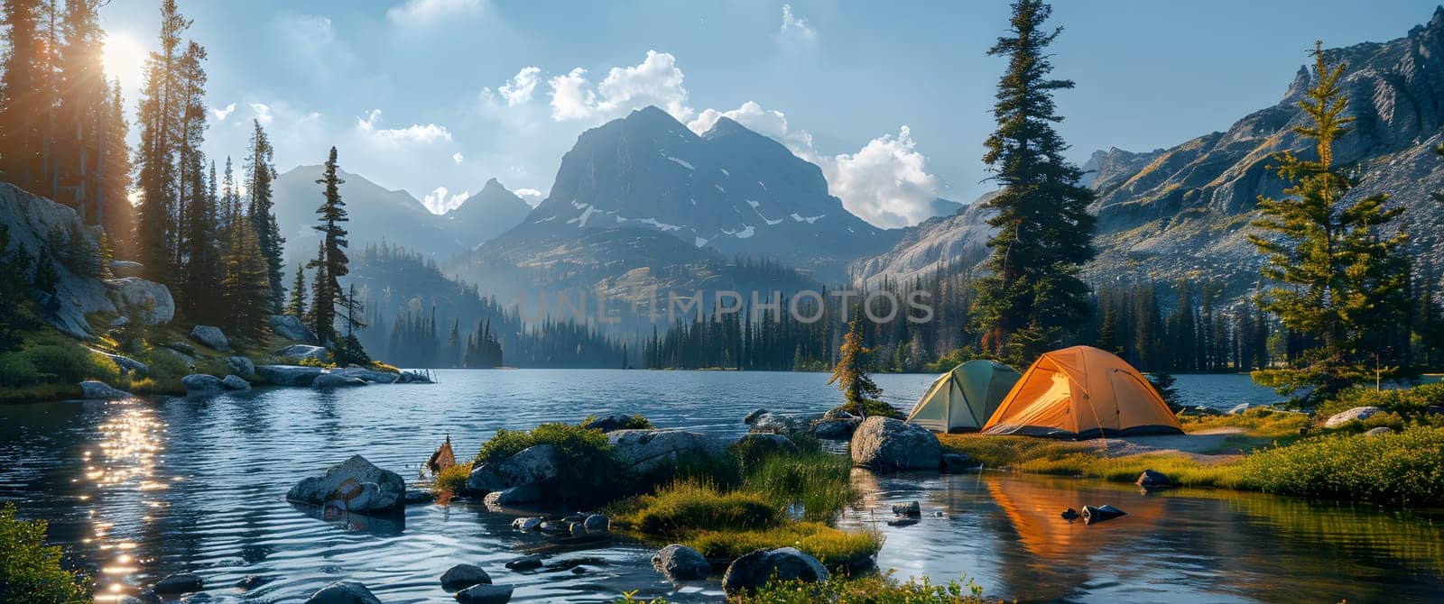 Beautiful campsite. Warm sunlight shine through the mountains onto green field. The lake and tranquil valley are visible in the background. We will experience an adventure amidst the beauty of nature.