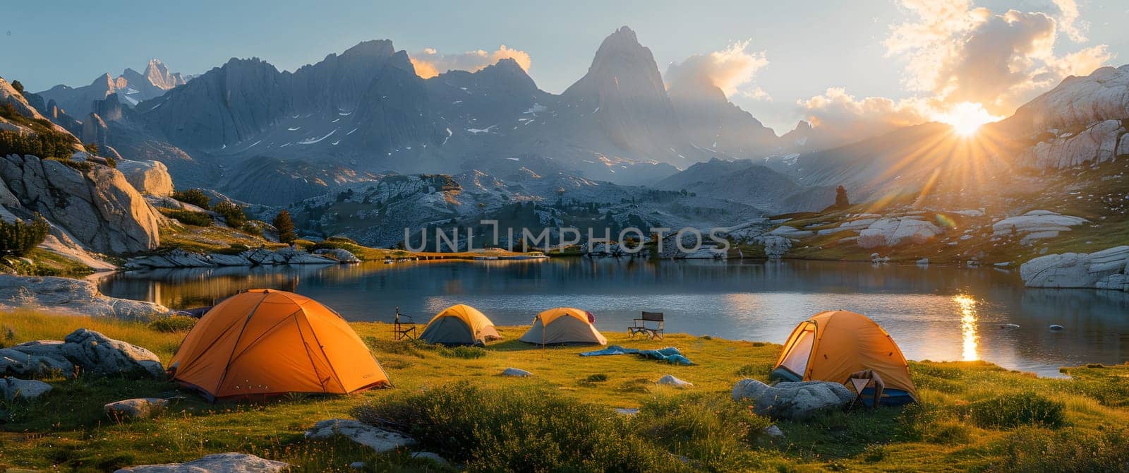 Beautiful campsite. Warm sunlight shine through the mountains onto green field. The lake and tranquil valley are visible in the background. We will experience an adventure amidst the beauty of nature.