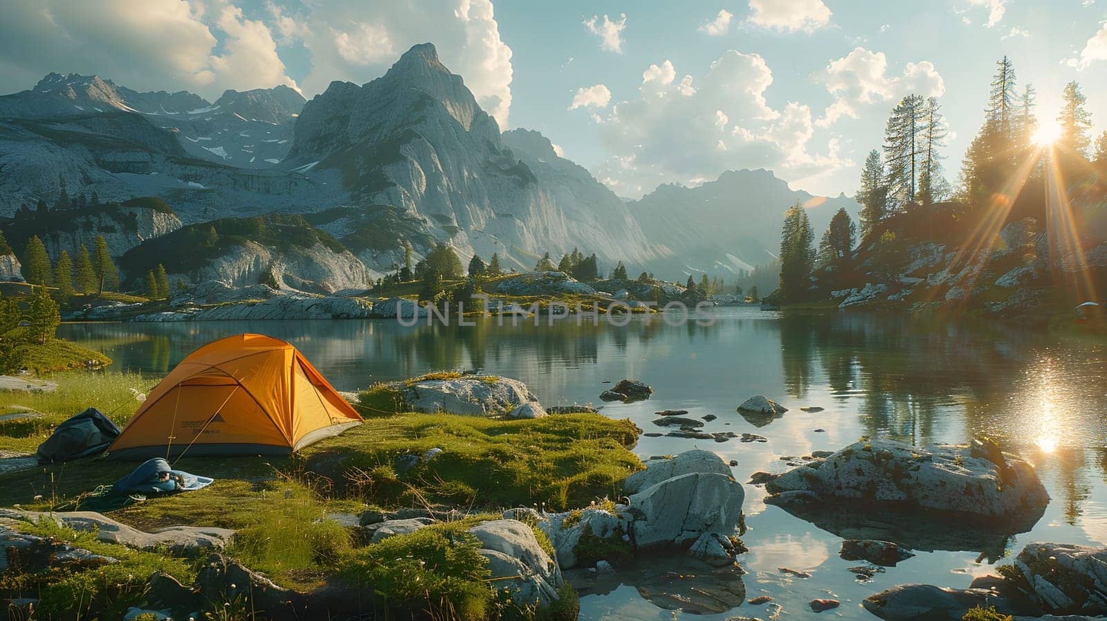 Beautiful campsite. Warm sunlight shine through the mountains onto green field. The lake and tranquil valley are visible in the background. We will experience an adventure amidst the beauty of nature.