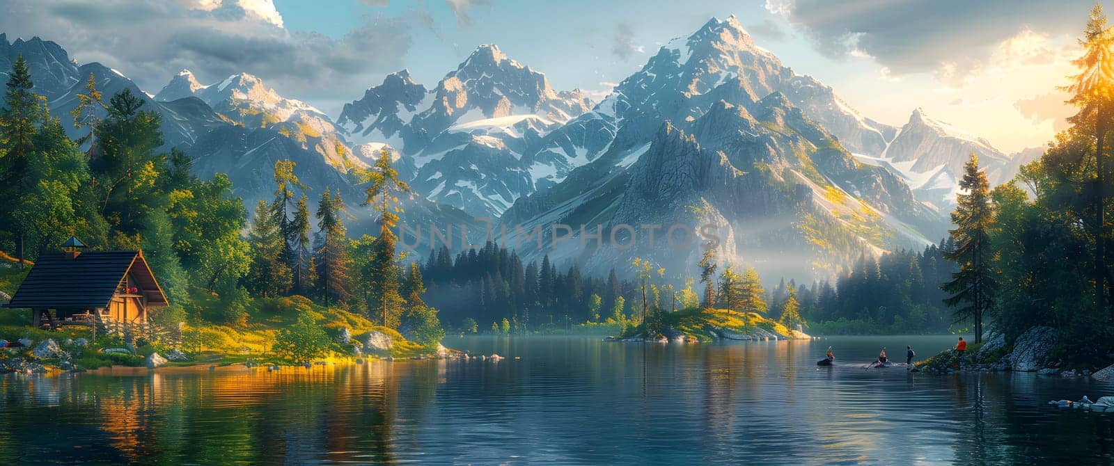 Beautiful campsite. Warm sunlight shine through the mountains onto green field. The lake and tranquil valley are visible in the background. We will experience an adventure amidst the beauty of nature.