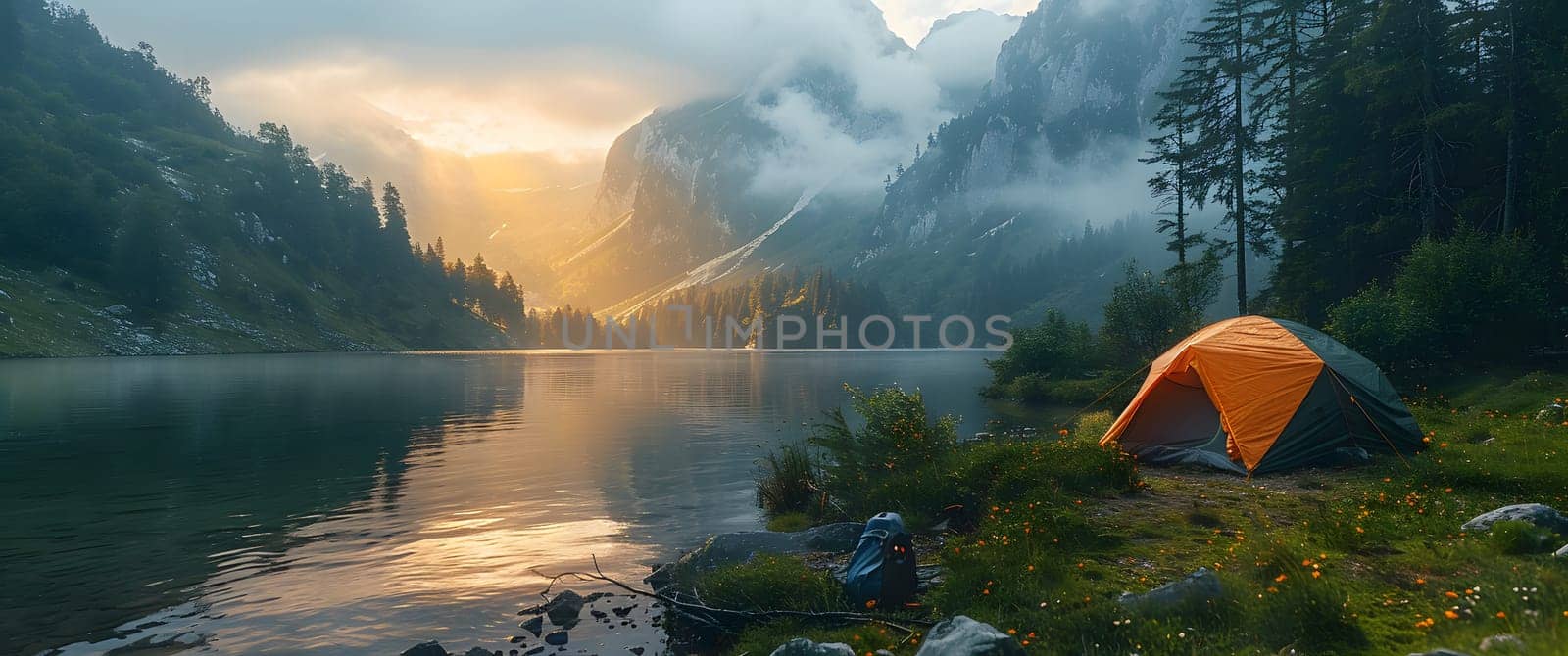 Beautiful campsite. Warm sunlight shine through the mountains onto green field. The lake and tranquil valley are visible in the background. We will experience an adventure amidst the beauty of nature.