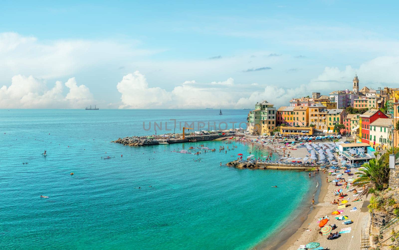View of Bogliasco. Bogliasco is a ancient fishing village in Italy, Genoa, Liguria. Mediterranean Sea, sandy beach and architecture of Bogliasco town