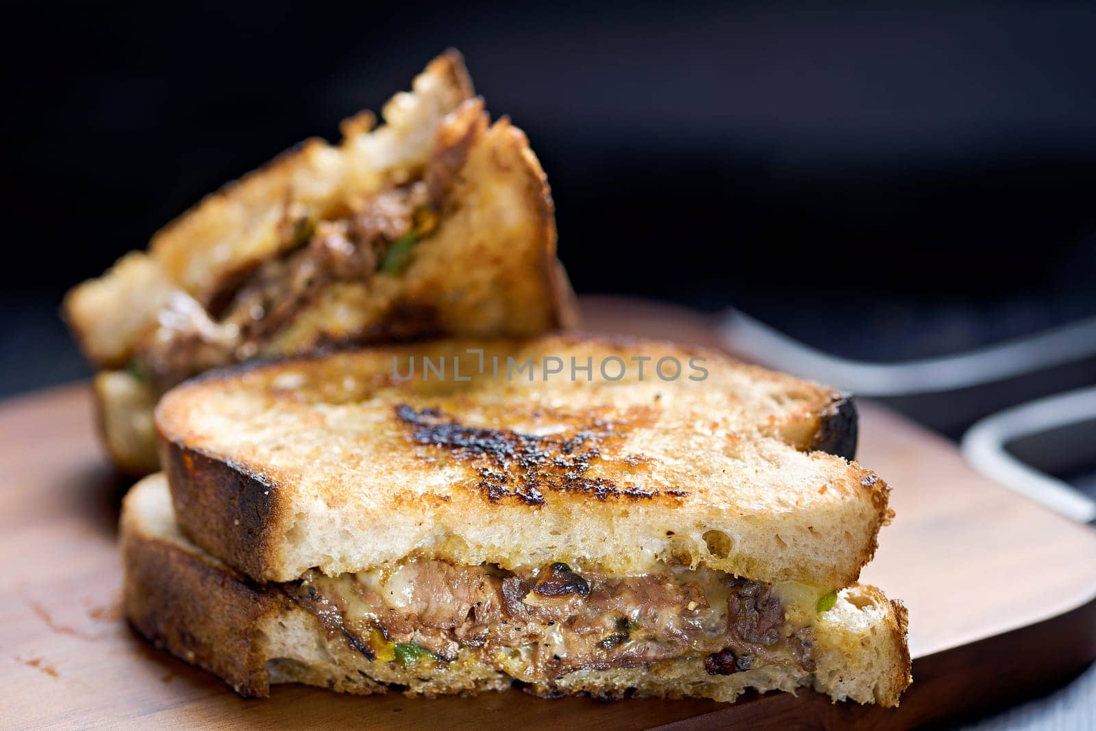 close up of a steak sandwich