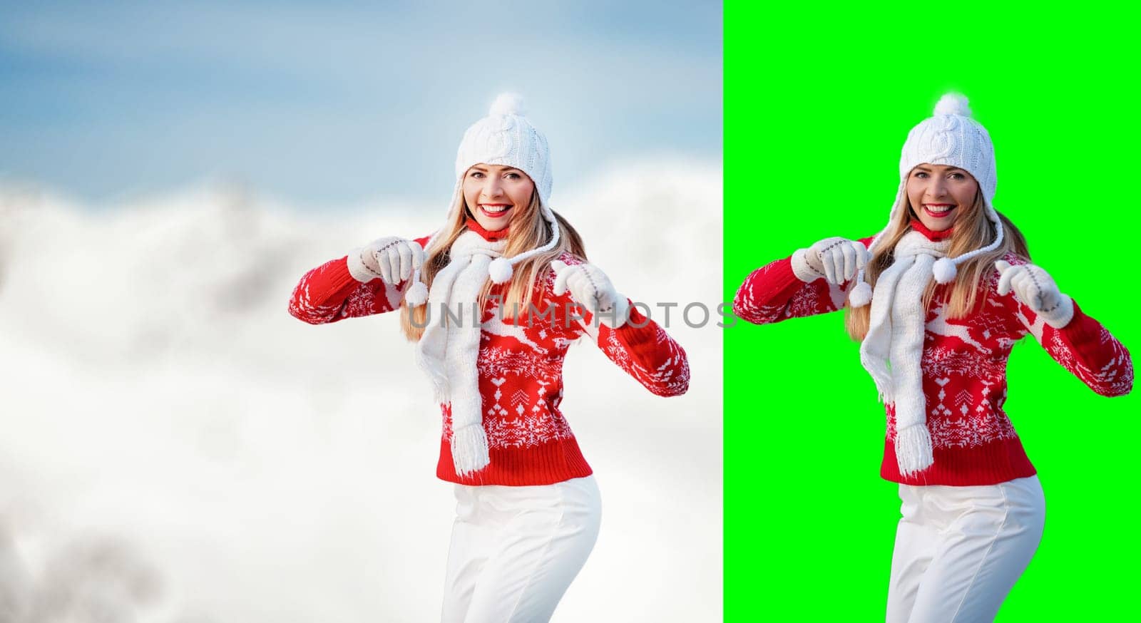 Young woman wear red winter pullover, white hat, smiling, hands in air, blurred snow country background, free space for text left side, isolated selection on green background included