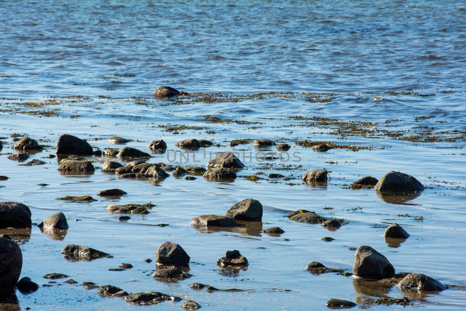 Big rock with stones lie in the water on the coast of the Baltic Sea