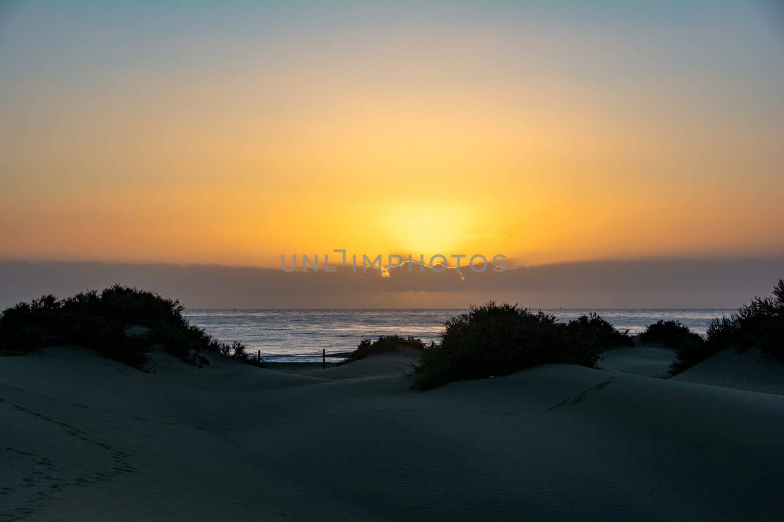Sand dunes and sea in Maspalomas at sunset on Gran Canaria in Spain. The huge sand dunes resemble a small desert and are a nature reserve.