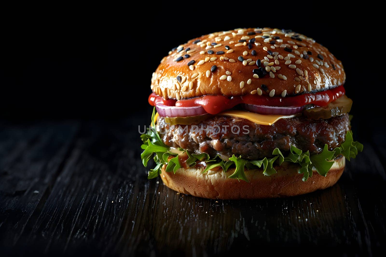 Hamburger illustration for advertising, dark background to highlight the hamburger. Professional lighting makes the meat look so juicy and delicious. There is additional space for copying text.