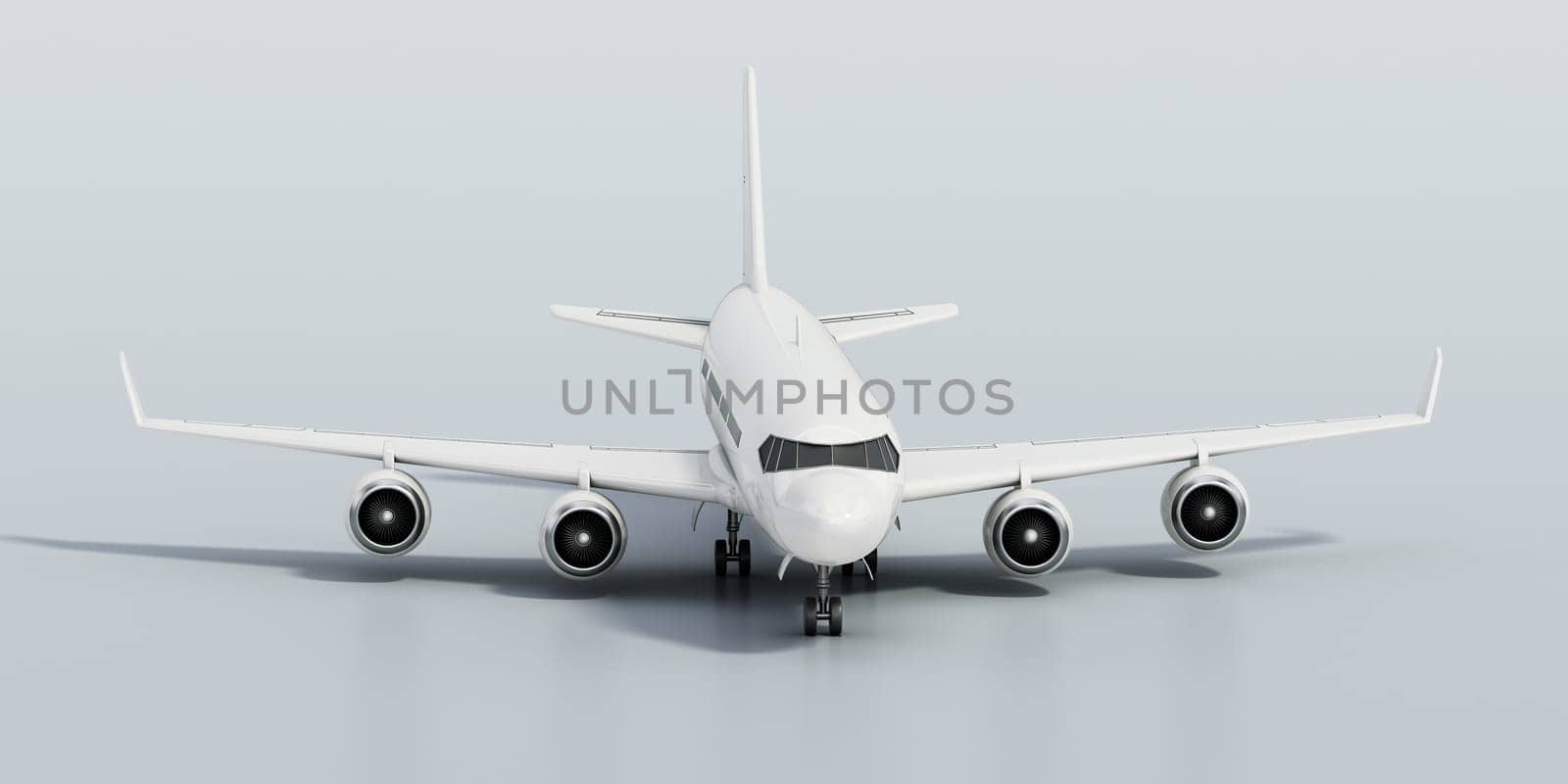 Generic modern passenger airplane isolated on gray background. 3D illustration.