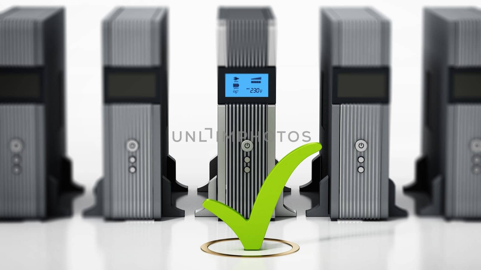 Uninterruptible power supply UPS with green checkmark stands out. 3D illustration.