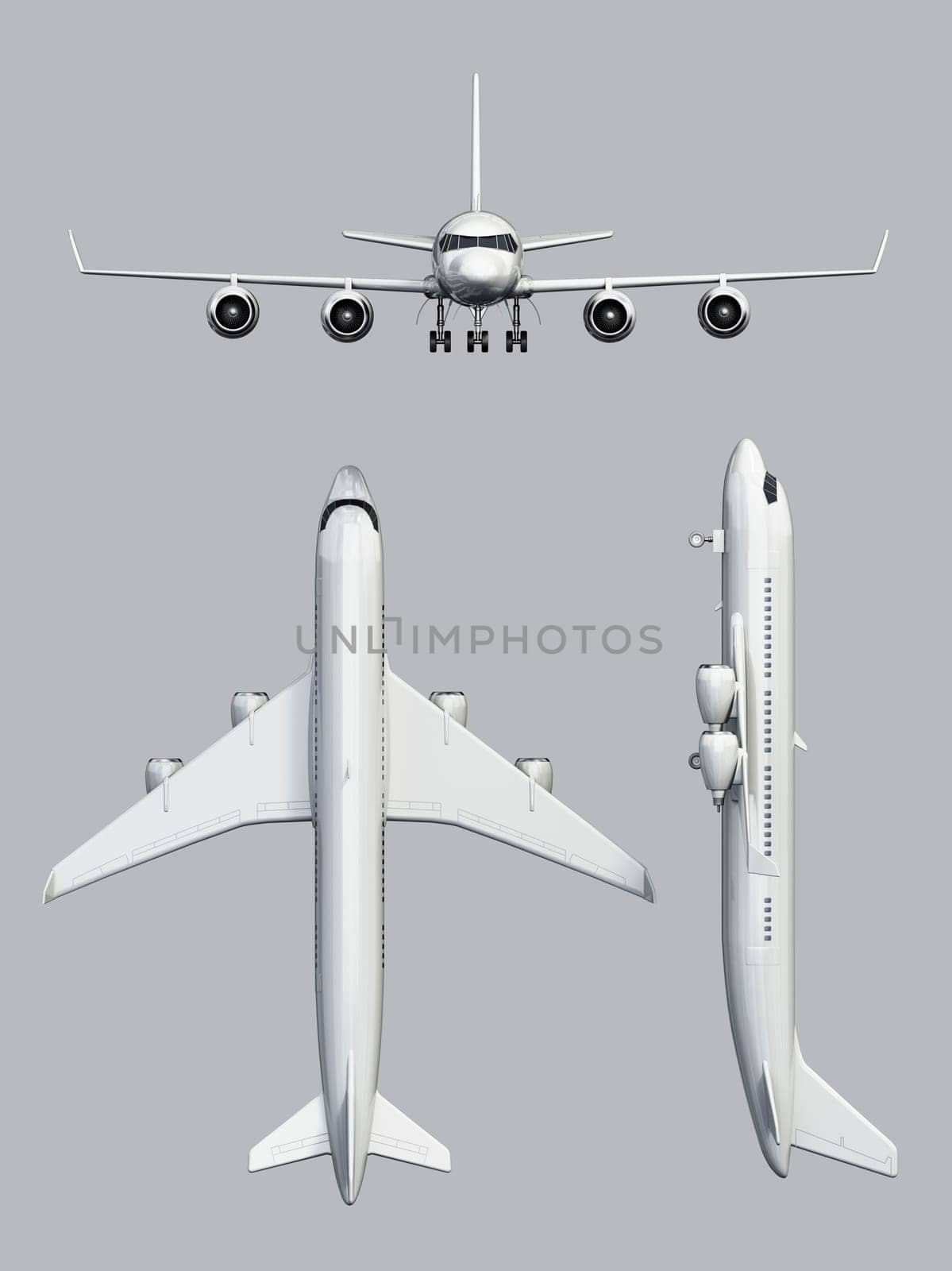 Front, top and side views of a modern passenger airplane isolated on gray background. 3D illustration.