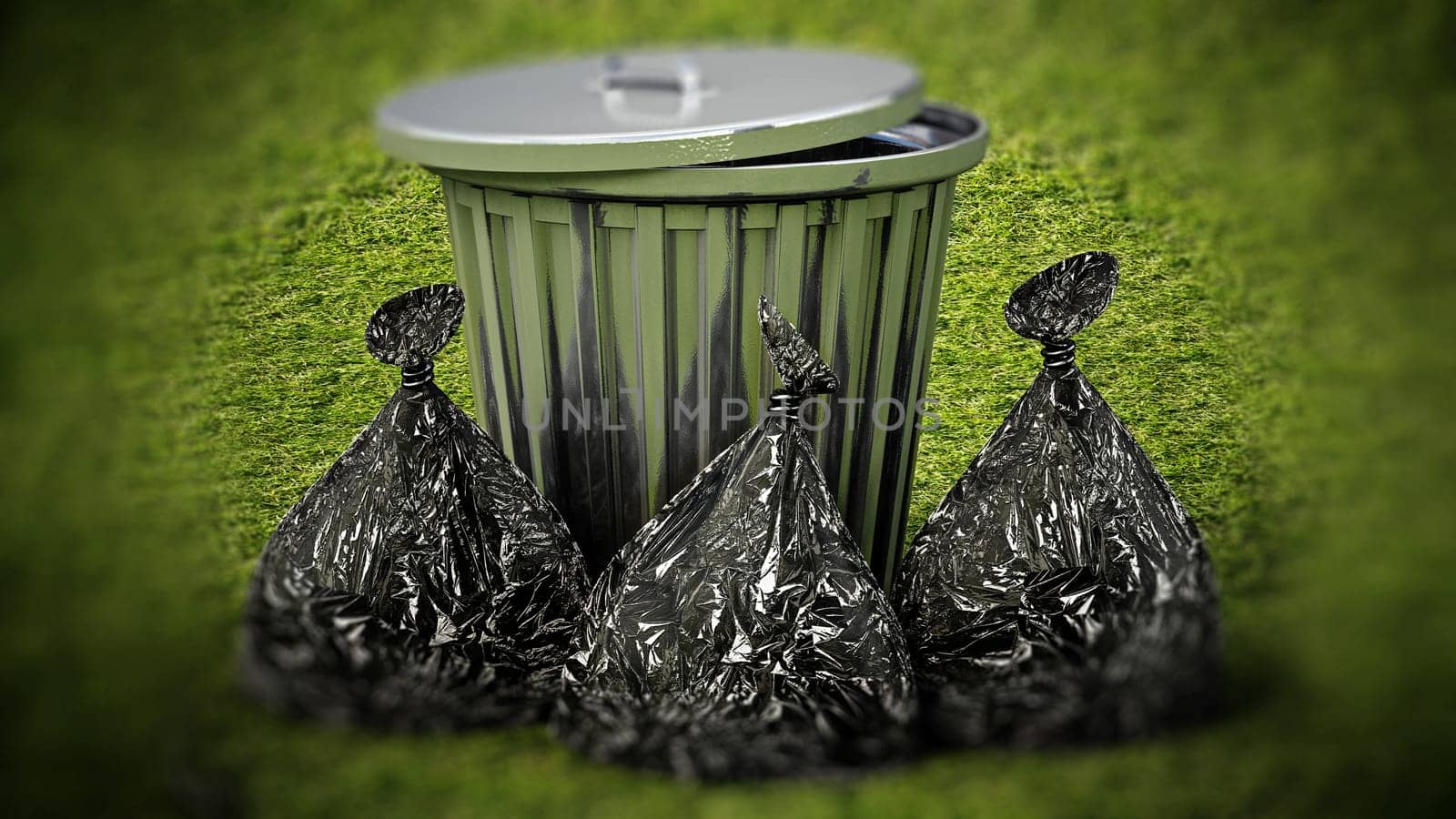 Garbage bags around the metal trashcan. 3D illustration.