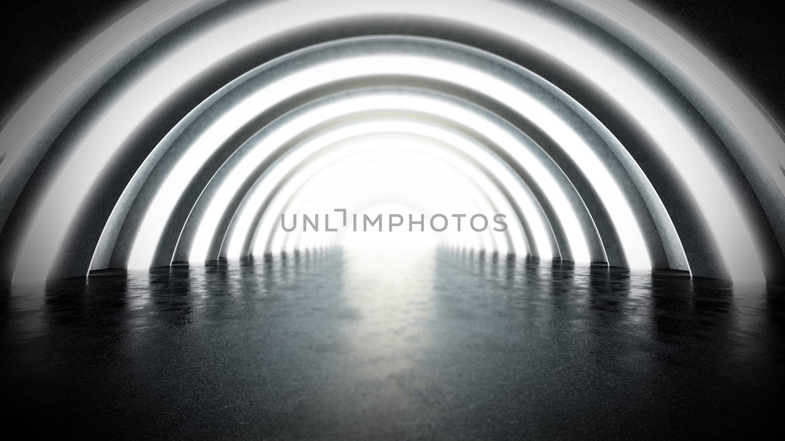 Brighthly lit futuristic tunnel with reflection on the ground. 3D illustration.