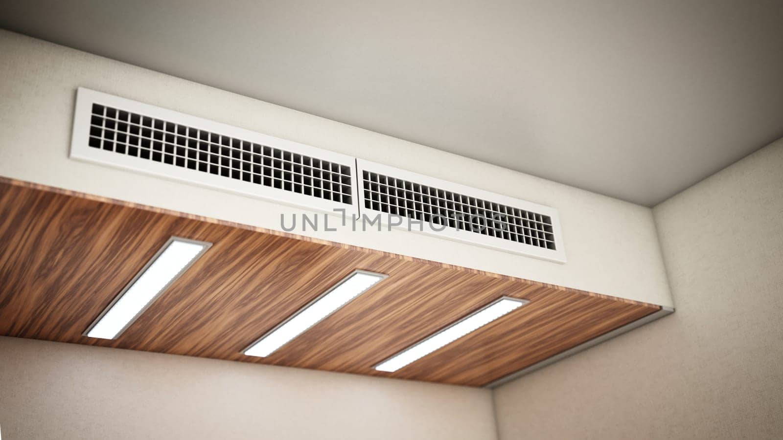 Hotel room air ventilation grill on the wall. 3D illustration.