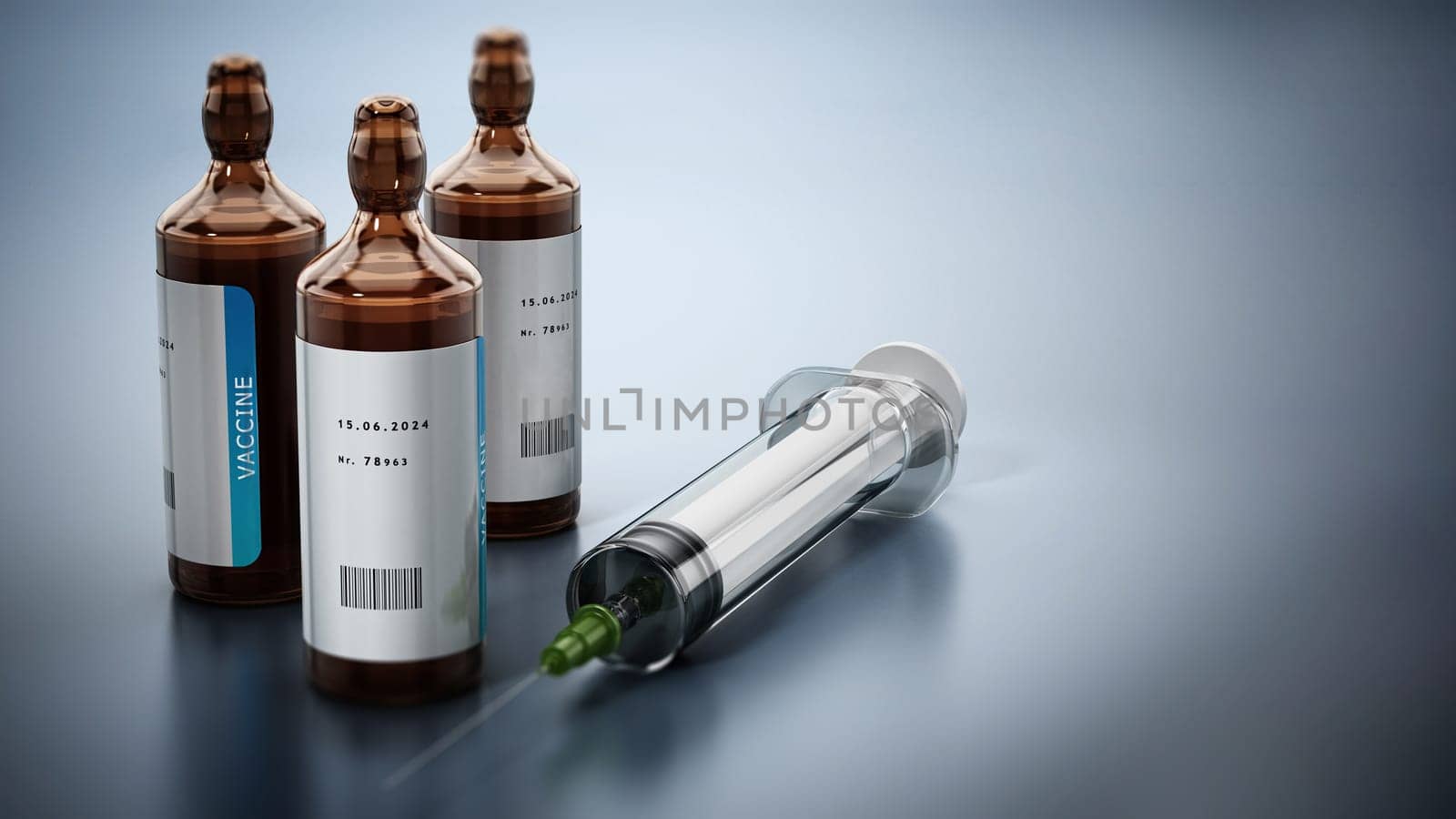 Generic Covid-19 vaccines and syringe. 3D illustration.
