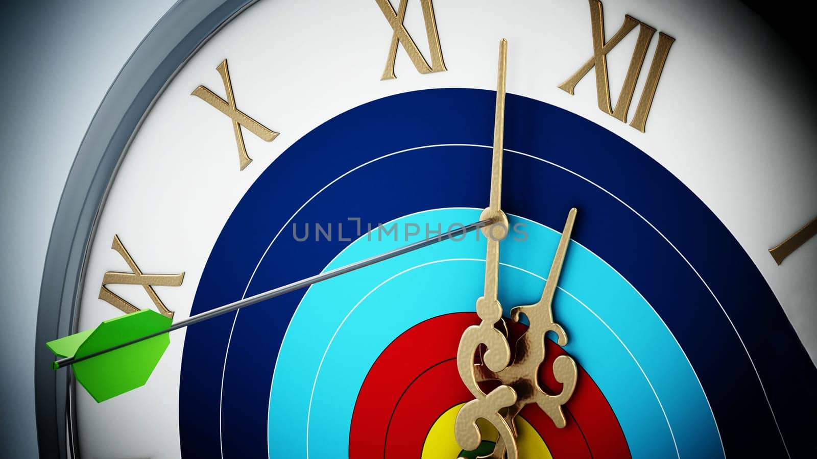 Arrow hit at clock hand stopping the time. 3D illustration.